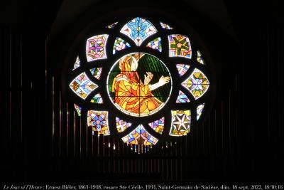 photographie “Le Jour ni l’Heure 8859 : Ernest Biéler, 1863-1948, rosace Saint-Cécile, 1934, église de Saint-Germain de Savièse, dimanche 18 septembre 2022, 18:30:16” par Renaud Camus — www.renaud-camus.net — Biéler, Ernest Biéler, Savièse, éaglise de Savièse, Saint-Germain de Savièse`, église Saint-Germain de Savièse, église de Saint-Germain, école de Savièse, Sainte Cécile, rosace, vitrail, vitraux