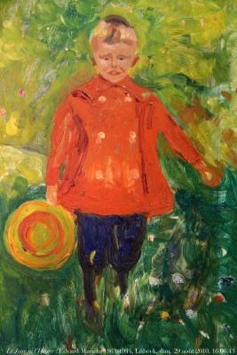 photographie “Le Jour ni l\'Heure 0670 : Edvard Munch, 1863-1944, Un des enfants Linde, c. 1900, museum Behnhaus Drägerhaus, Lübeck, Schleswig Holstein, Allemagne, dimanche 29 août 2010, 16:06:43” par Renaud Camus — www.renaud-camus.net — portrait, child, boy, garçon, petit garçon, rouge, red, peinture, tableau, painting, peintre, Norvège, Norway, Norge, norvégien, Deutschland, Germany, musée