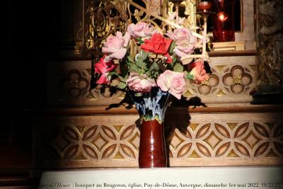 photographie “Le Jour ni l‘Heure 4230 : bouquet dans l’église de la Nativité de Saint-Jean-Baptiste, Le Brugeron, Puy-de-Dôme, Auvergne, dimanche 1er mai 2022, 19:22:23” par Renaud Camus — www.renaud-camus.net — Le Brugeron, Brugeron, église du Brugeron, Nativité de Saint-Jean-Baptiste, bouquet, fleur, fleurs, église, Puy-de-Dôme, Auvergne