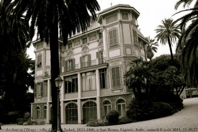 photographie “Le Jour ni l\'Heure 0412 : villa d’Alfred Nobel, 1833-1899, à San Remo, province d’Imperia, Ligurie, Italie, samedi 6 août 2011, 15:49:23” par Renaud Camus — www.renaud-camus.net — Demeures de l'esprit, maisons de savant, Imperia, San Remo, prix Nobel, chimie, chimiste, Italia, Mio Nido, Suède, Sweden