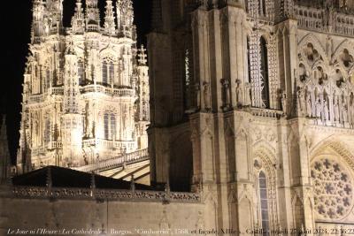 photographie “Le Jour ni l’Heure 2633 : La Cathédrale — Burgos, “Cimborrio”, 1568, et façade, XIIIe s., Vieille-Castille, Espagne, mardi 27 août 2024, 22:36:22” par Renaud Camus — www.renaud-camus.net — Burgos, cathédrale, catedral, Cimborrio, gothique, art gothique, croisée du transept, Castille, Vieille-Castille, Castilla y Leon, Espagne, Spain, Espana