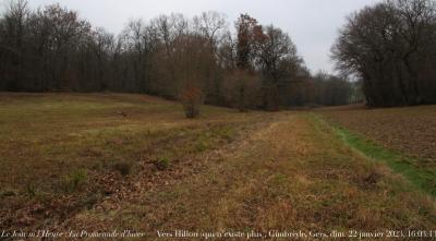 photographie “Le Jour ni l’Heure 2865 : La Promenade d’hiver —  Vers Hillon qui n’existe plus,  Gimbrède, Gers, Gascogne, dimanche 22 janvier 2023, 16:03:13” par Renaud Camus — www.renaud-camus.net — Gimbrède, Hillon, Fonteravie, Escoupetaulès, Bois Commun, Gers, Gascogne, Lomagne, En Lomagne, Brulhois, hiver, La Promenade d'hiver, 22 janvier 2022