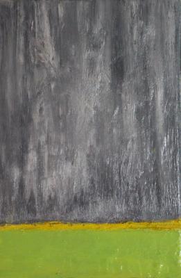 photographie “Couverte 15x30 n° 1, vert pâle, jaune citron, gris, huile sur toile, 22 décembre 2022” par Renaud Camus — www.renaud-camus.net — couverte, 15x30, vert pâle / jaune citron / gris, Plieux, atelier