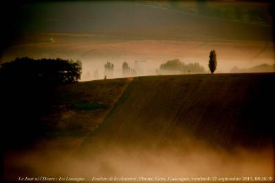 photographie “Le Jour ni l’Heure 9765 : En Lomagne — Fenêtre de la chambre, Plieux, Gers, Gascogne, vendredi 27 septembre 2013, 08:26:39” par Renaud Camus — www.renaud-camus.net — paysage, landscape, peuplier, poplar tree, window‘s view, brume, fog