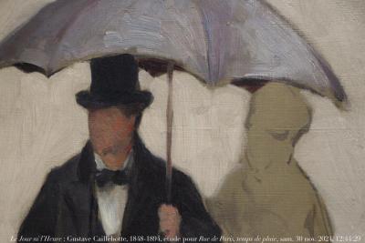 photographie “Le Jour ni l’Heure 6011 : Gustave Caillebotte, 1848-1894, étude pour Rue de Paris  temps de pluie, coll. part., exp. “Caillebotte : peindre les hommes\