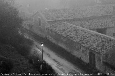 photographie “Le Jour ni l’Heure 5002 : Les Aubes sont navrantes — Plieux, Gers, jeudi 14 novembre 2024, 07:09:56” par Renaud Camus — www.renaud-camus.net — Les Aubes sont navrantes, Rimbaud, Plieux, novembre, brouillard, Gers, Gascogne, fenêtre de la salle de bains, fog