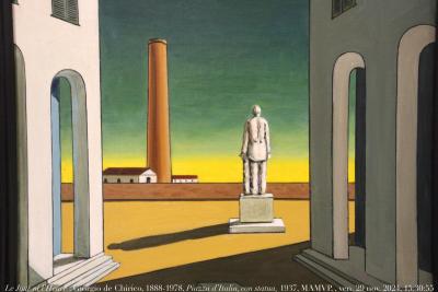 photographie “Le Jour ni l’Heure 5926 : Giorgio de Chirico, 1888-1978, Piazza d’Italia, con statua, 1937, musée d’Art moderne de la ville de Paris, vendredi 29 novembre 2024, 15:30:55” par Renaud Camus — www.renaud-camus.net — Chirico, De Chirico, Giorgio De Chirico, Piazza d’Italia con statua, Place d’Italie avec statue, 1937, Musée d’Art moderne de la Ville de Paris, Paris, tableau, paysage métaphysique, Italie, Italia, 13 décembre 2024