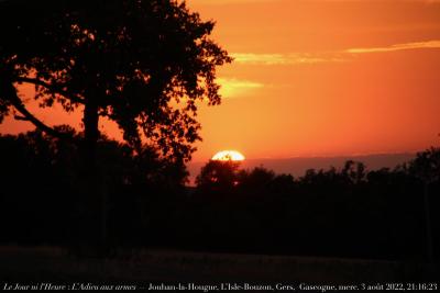 photographie “Le Jour ni l‘Heure 7448 : L’Adieu aux armes — Jouhan-la-Hougue, L’Isle-Bouzon, Gers, Gascogne, mercredi 3 août 2022, 21:16:23” par Renaud Camus — www.renaud-camus.net — Jouhan-la-Hougue, L’Isle-Bouzon, crépuscule, Gers, Gascogne